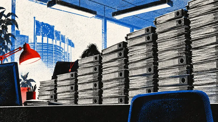 Illustration of an office worker behind tall stacks of files, with EU flags visible through a window.