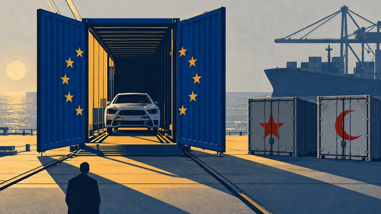 Illustration of a car in an open container with EU stars, beside containers with a red star and crescent at a port.