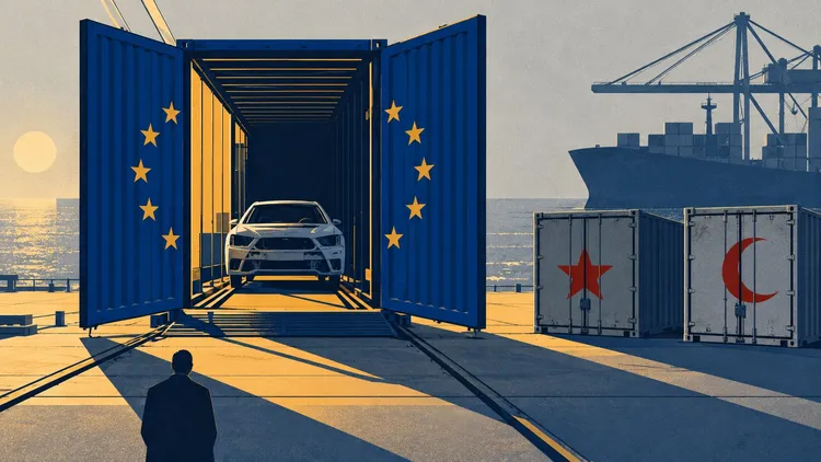 Illustration of a car in an open container with EU stars, beside containers with a red star and crescent at a port.