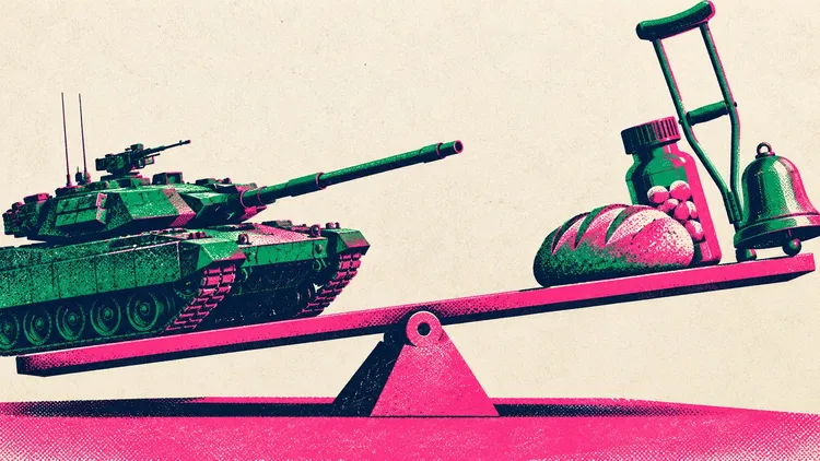 Illustration of a seesaw with a tank on the lower left and bread, medicine, a crutch and a bell on the raised right.